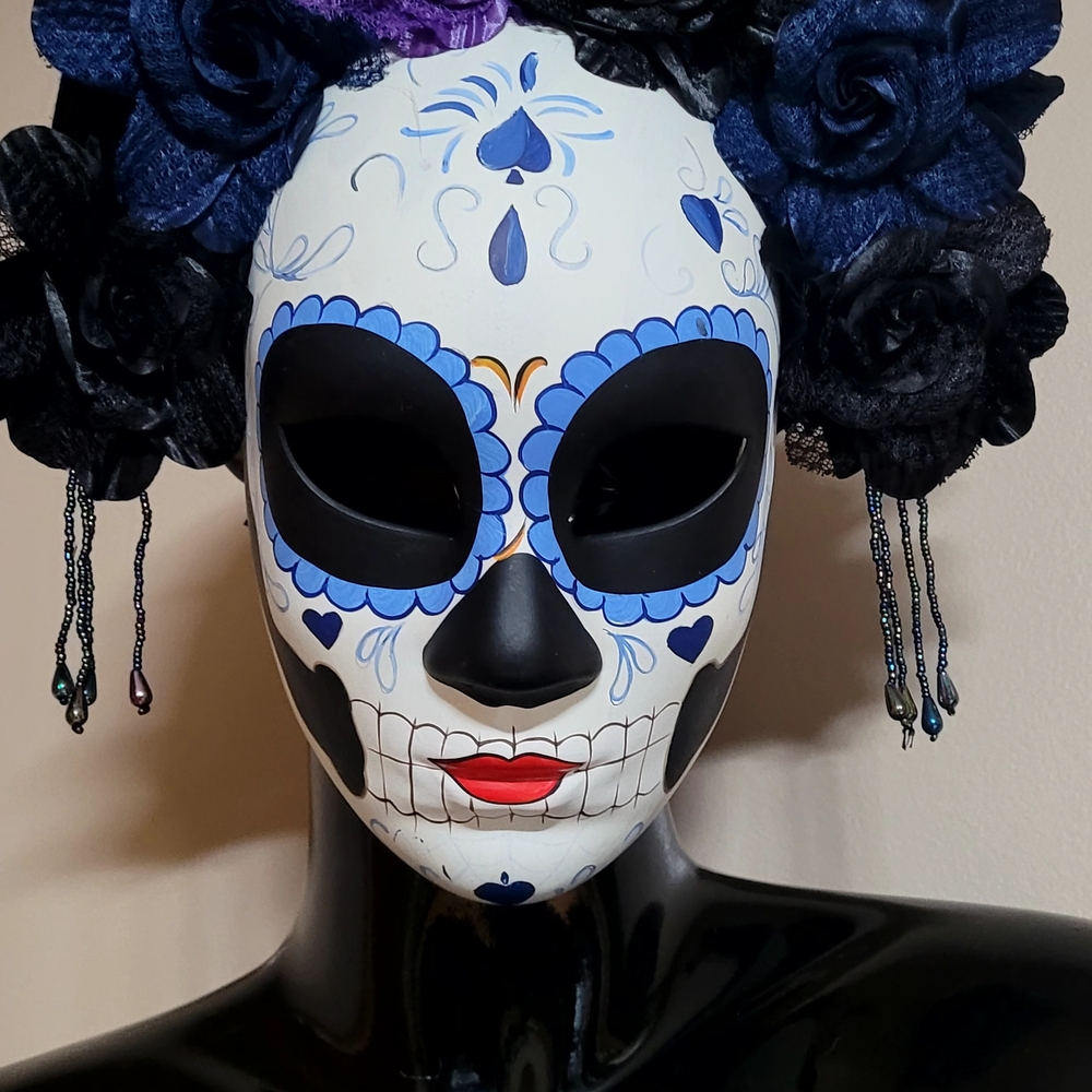 Day of the Dead Mask with Blue and Black Floral Accents